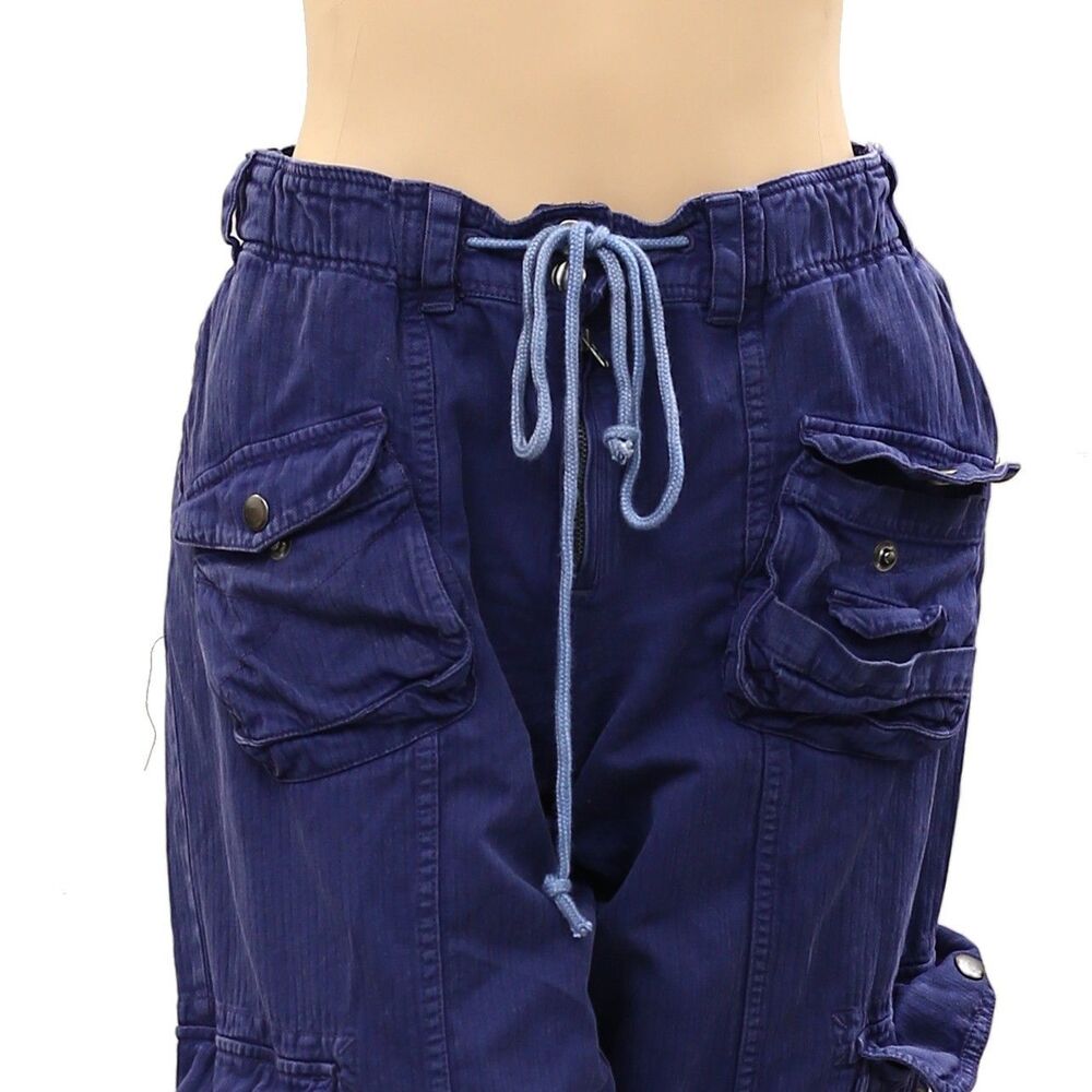 Free People Cargo Trousers Pants Low-Rise Denim Solid Smocked Cotton M 287663 - Picture 2 of 4